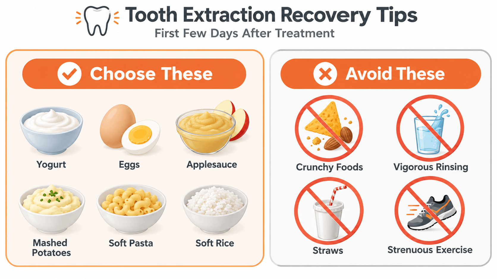 Tooth-extraction-recovery-tips-showing-soft-foods-to-eat-and-foods-straws-rinsing-and-exercise-to-avoid